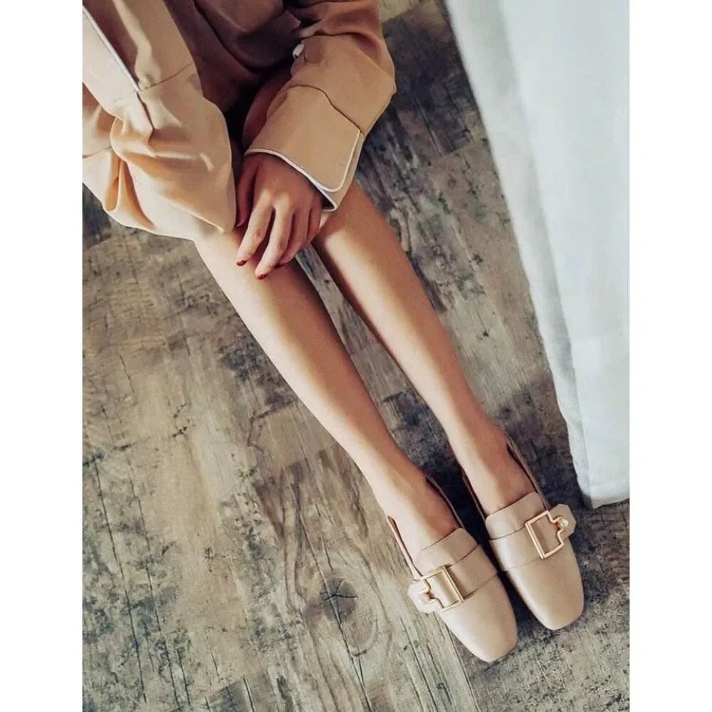 Women’s Pearl Buckle Loafer Mules Beige Slip-On Flats Size 7